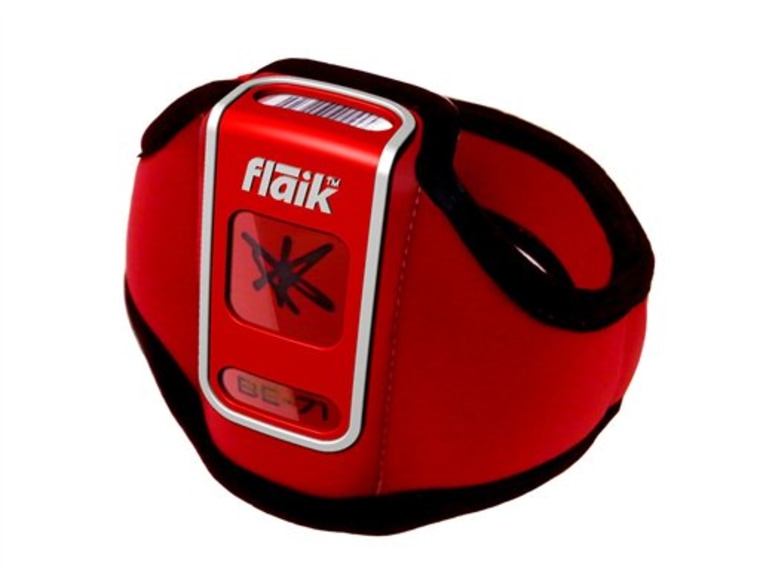 This product image courtesy of flaik shows the flaik Tag device. Nearly a dozen ski resorts worldwide are starting to use a GPS tracking system for students and instructors called flaik (pronounced like snowflake). A flaik is a small beacon the size of a deck of cards that is strapped to the leg. If a student moves beyond a certain distance from her instructor, it sends out an automatic alert. The distance is set by the ski resort based on the level of the class. (AP Photo/flaik) NO SALES